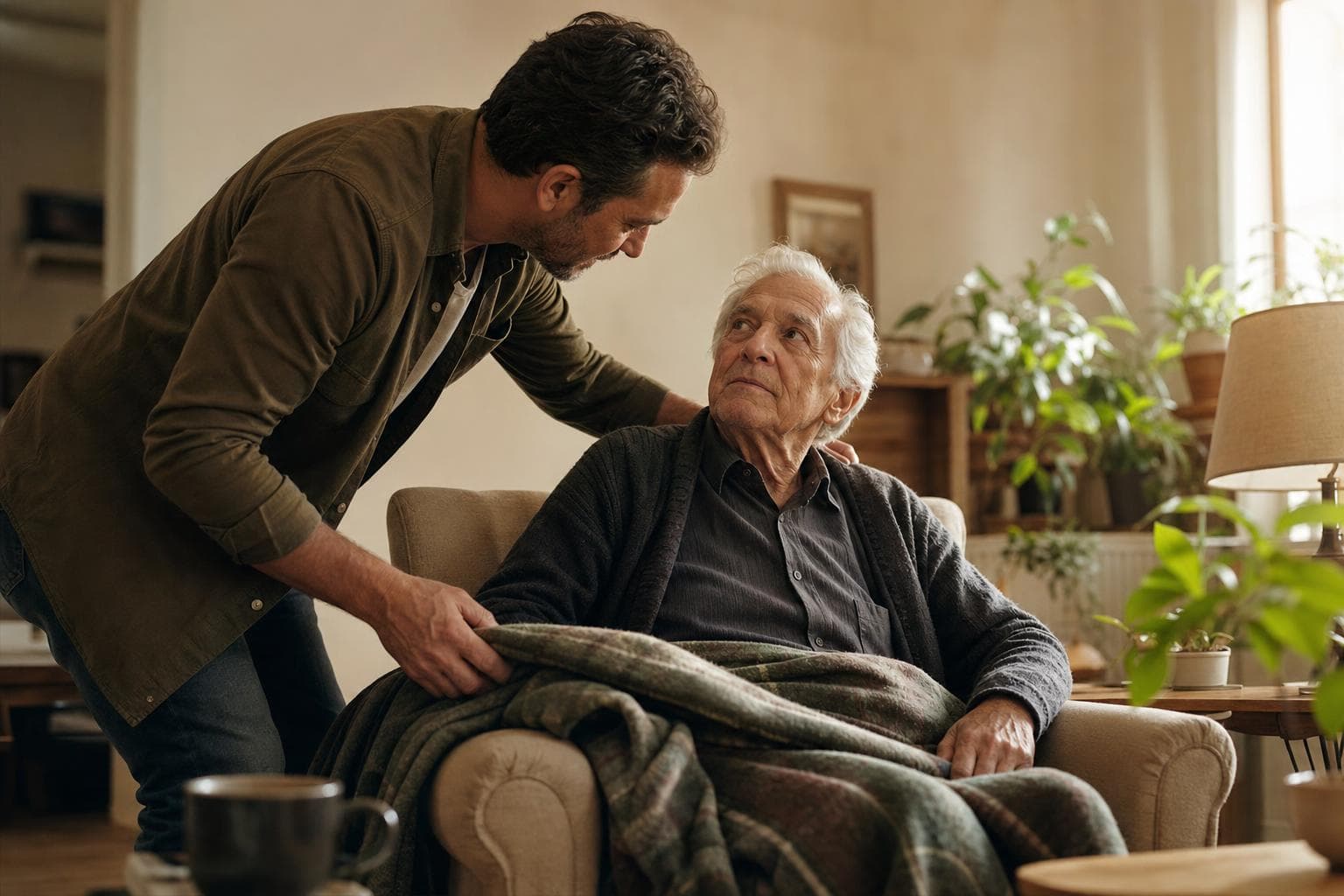 A man gently tucking a blanket around his elderly father in an armchair.