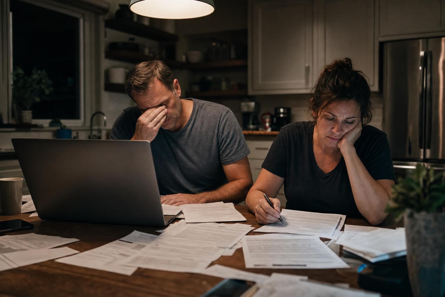 A couple at a kitchen table at night, working through a pile of bills.