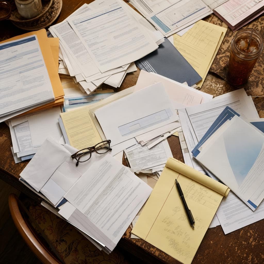 A desk overwhelmed with medical statements, envelopes, reading glasses and a legal pad.